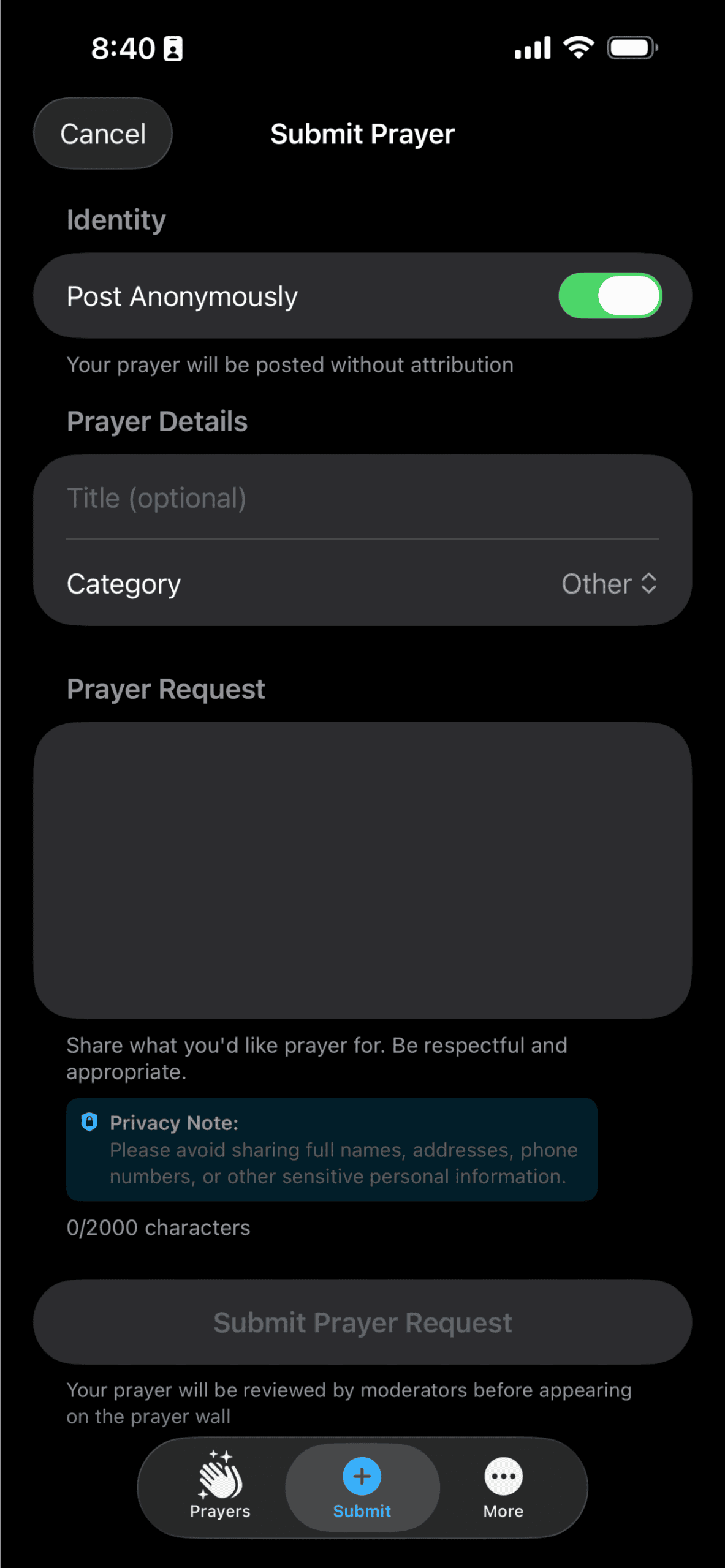 The Global Prayer Chain — Submit a prayer