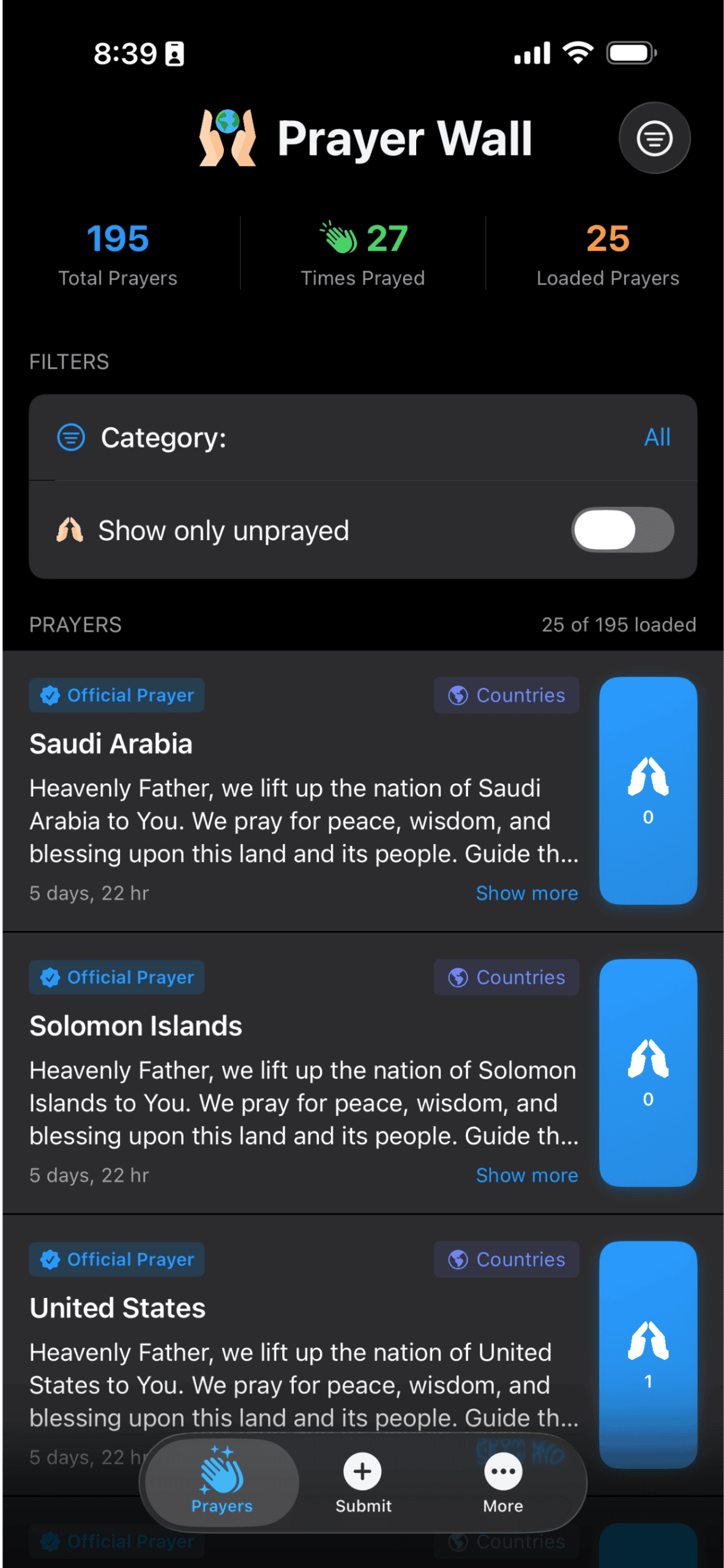 The Global Prayer Chain app — the global Prayer Wall showing prayers for the nations